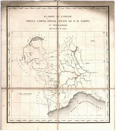 (N:1380) CARTA DEGLI STATI DI SUA MAESTA' SARDA IN TERRAFERMA OPERA DEL REAL CORPO DI STATO MAGGIORE GENERALE. INCISA E PUBBLICATA L'ANNO 1841 - Quadro d'Unione (B0004453) Carte e stampe antiche: riproduzione a colori su carta (formato A1)