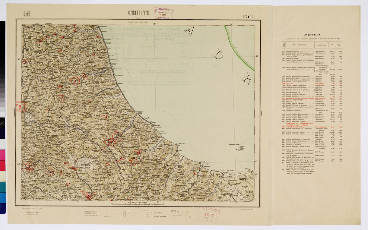 (N:1052) CARTA D'ITALIA CON LE INDICAZIONI DELLE CENTRALI PER LA PRODUZIONE DI ENERGIA ELETTRICA, ESISTENTI ED IN COSTRUZIONE A TUTTO LANNO 1920 - Foglio 19 CHIETI (B0009102) Carte e stampe antiche: riproduzione a colori su carta (formato A1)