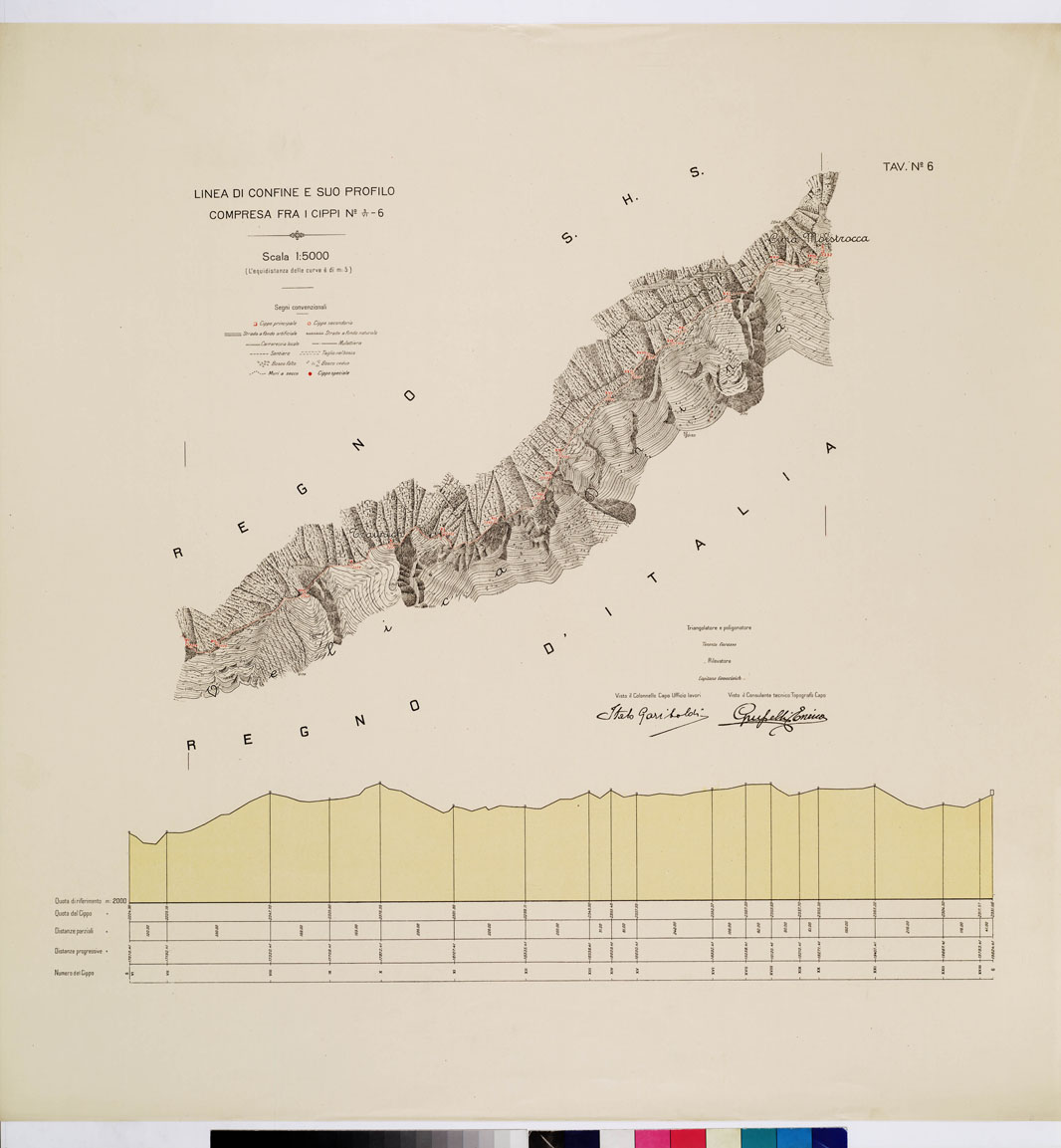 (N:8927) COMMISSIONE ITALO - S.H.S. PER LA DELIMITAZIONE DEI CONFINI FRA IL REGNO DITALIA E IL REGNO S.H.S. RILIEVO DI CONFINE E SUO PROFILO - Tavola 6 (B0009410) Carte e stampe antiche: riproduzione a colori su carta (formato A1)