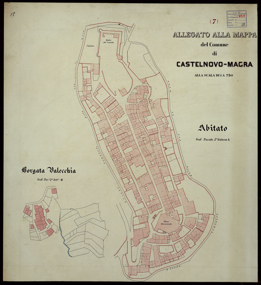 (N:12135) ALLEGATO ALLA MAPPA DEL COMUNE DI CASTELNOVO-MACRA ALLA SCALA DI 1 A 750 ABITATO - TAVOLA 7 (CA003141) Carte e stampe antiche: riproduzione a colori su carta (formato A1)